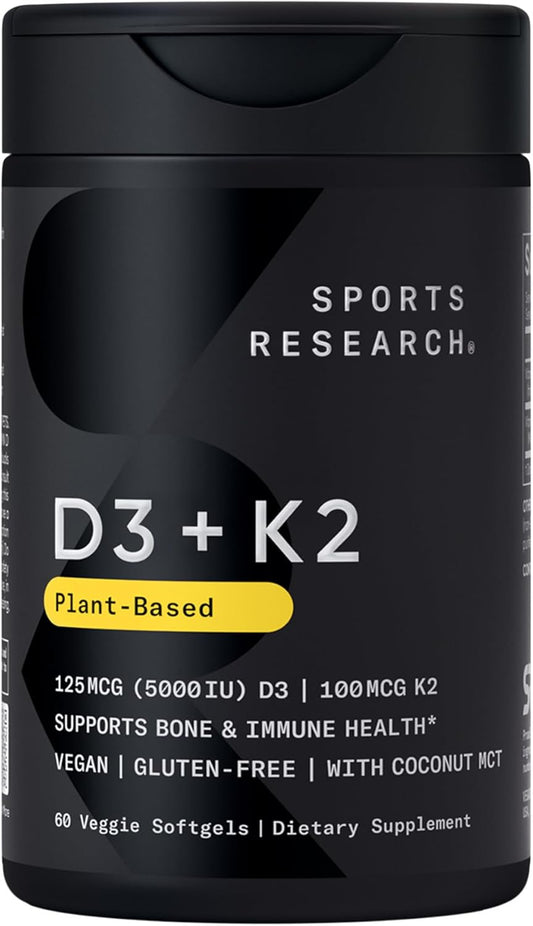Sports Research® Vitamin D3 + K2 w/ Coconut Oil - Vegan Vitamin D 5000iu & Mk7 Vitamin K 100mcg for Bone & Immune Support - Vegan Certified · Non-GMO · Soy Free - 60 Softgels