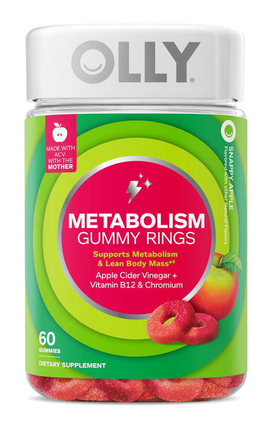 OLLY Metabolism Gummy Rings, Apple Cider Vinegar, Vitamin B12, Chromium, Energy and Digestive Health, Chewable Supplement, Apple Flavor - 30 Count