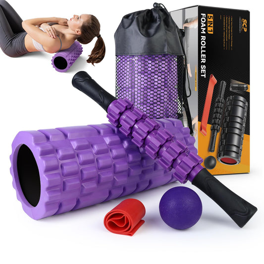 5 in1 Foam Roller Set, Trigger Point Foam Roller, Massage Roller Stick, Massage Ball, Resistance Band for Deep Muscle Massage Pilates Yoga,Fitness Exercise for Whole Body (Black-Red) - My Store