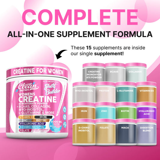 Creatine for Women | Creatine Monohydrate + BCAA Powder Myo-Inositol Collagen Biotin Hyaluronic Acid Folate L Glutamine Vitamin D3 Iron Zinc D-Chiro-Maca Digestion Shelf Builder by Clean Nutra - My Store