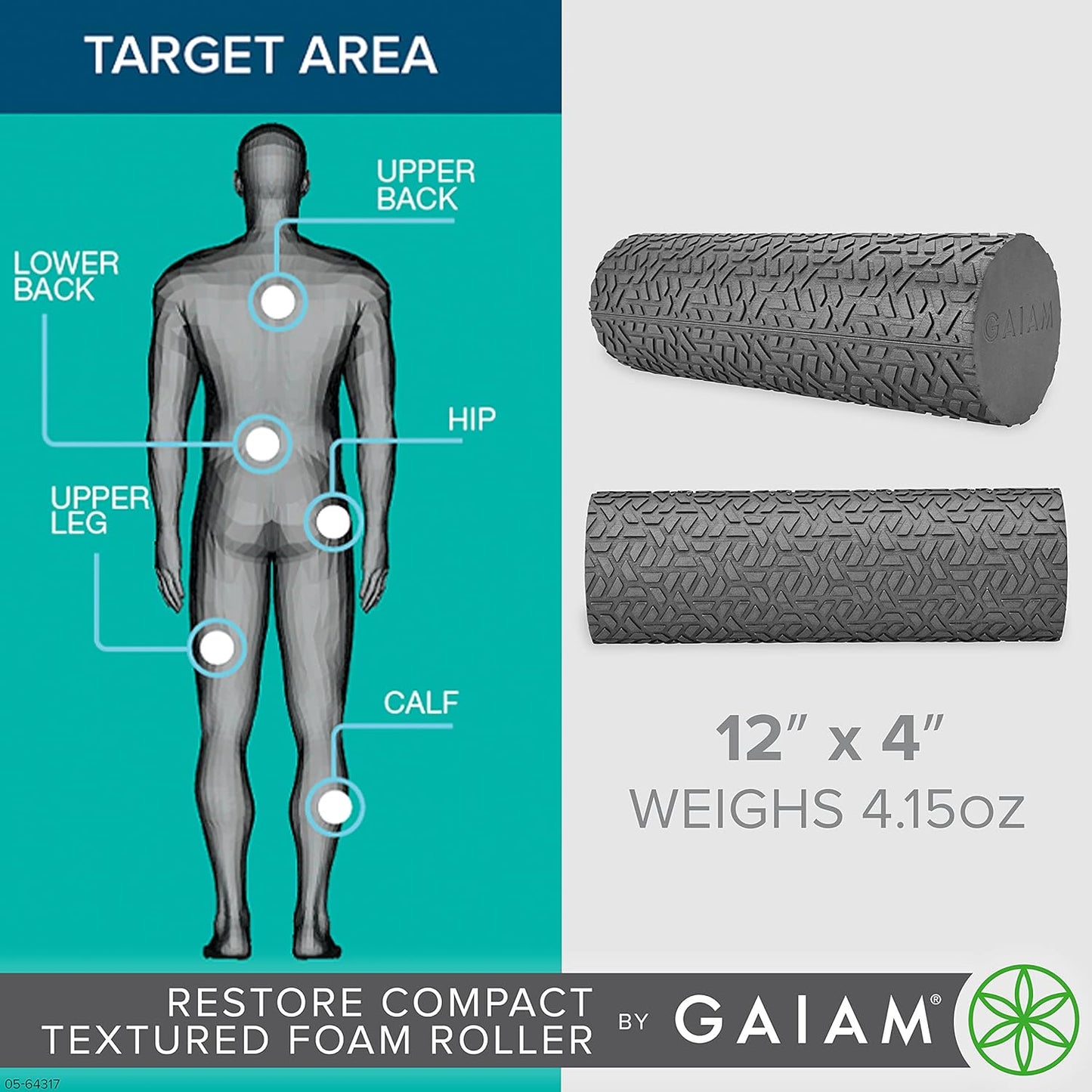 Gaiam Restore Compact Textured Foam Roller for Muscle Repair and Exercise – 12”L X 4" Diameter Massager Roller – Ideal for Improved Circulation and Easing Muscle Tension - My Store