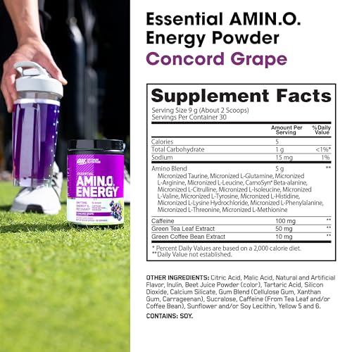 Optimum Nutrition Amino Energy - Pre Workout with Green Tea, BCAA, Amino Acids, Keto Friendly, Green Coffee Extract, Energy Powder - Concord Grape, 65 Servings (Packaging May Vary)