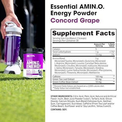 Optimum Nutrition Amino Energy - Pre Workout with Green Tea, BCAA, Amino Acids, Keto Friendly, Green Coffee Extract, Energy Powder - Concord Grape, 65 Servings (Packaging May Vary)