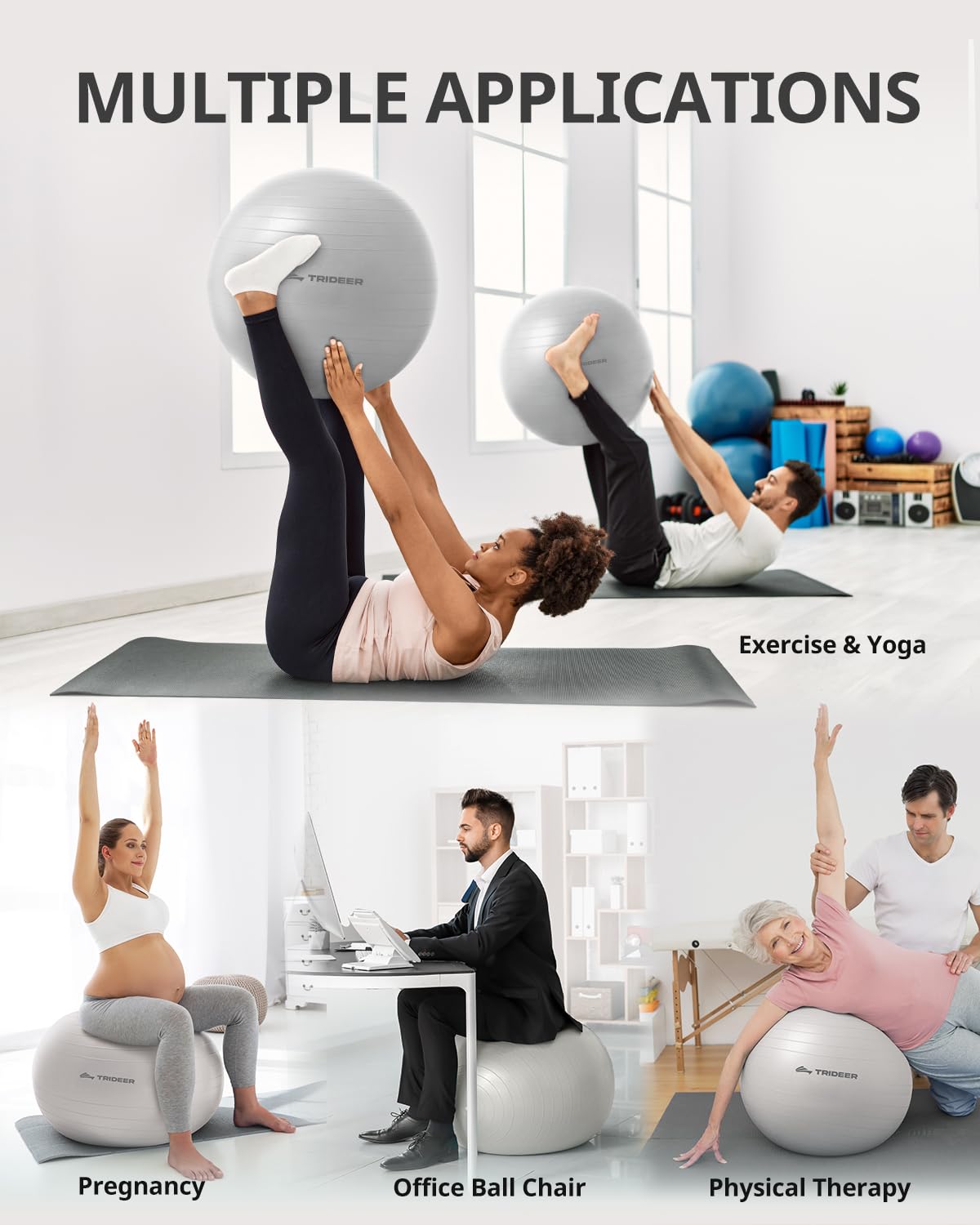 Trideer Extra Thick Yoga Ball Exercise Ball, 5 Sizes Gym Ball, Heavy Duty Ball Chair for Balance, Stability, Pregnancy, Quick Pump Included - My Store