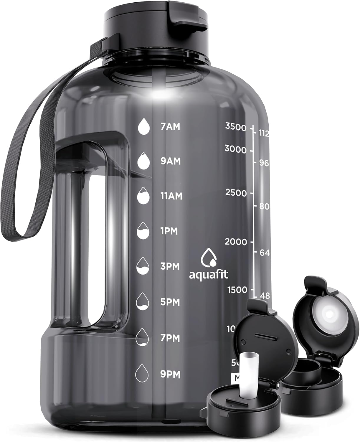 AQUAFIT 1 Gallon Water Bottle with Time Marker - Straw & Chug Lid - BPA Free Gym Water Bottle with Straw - Big Gallon Jug (Gray, 128 oz - 2 Lids) - My Store