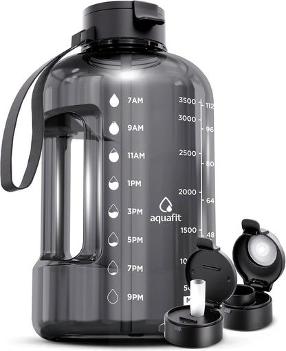 AQUAFIT 1 Gallon Water Bottle with Time Marker - Straw & Chug Lid - BPA Free Gym Water Bottle with Straw - Big Gallon Jug (Gray, 128 oz - 2 Lids) - My Store