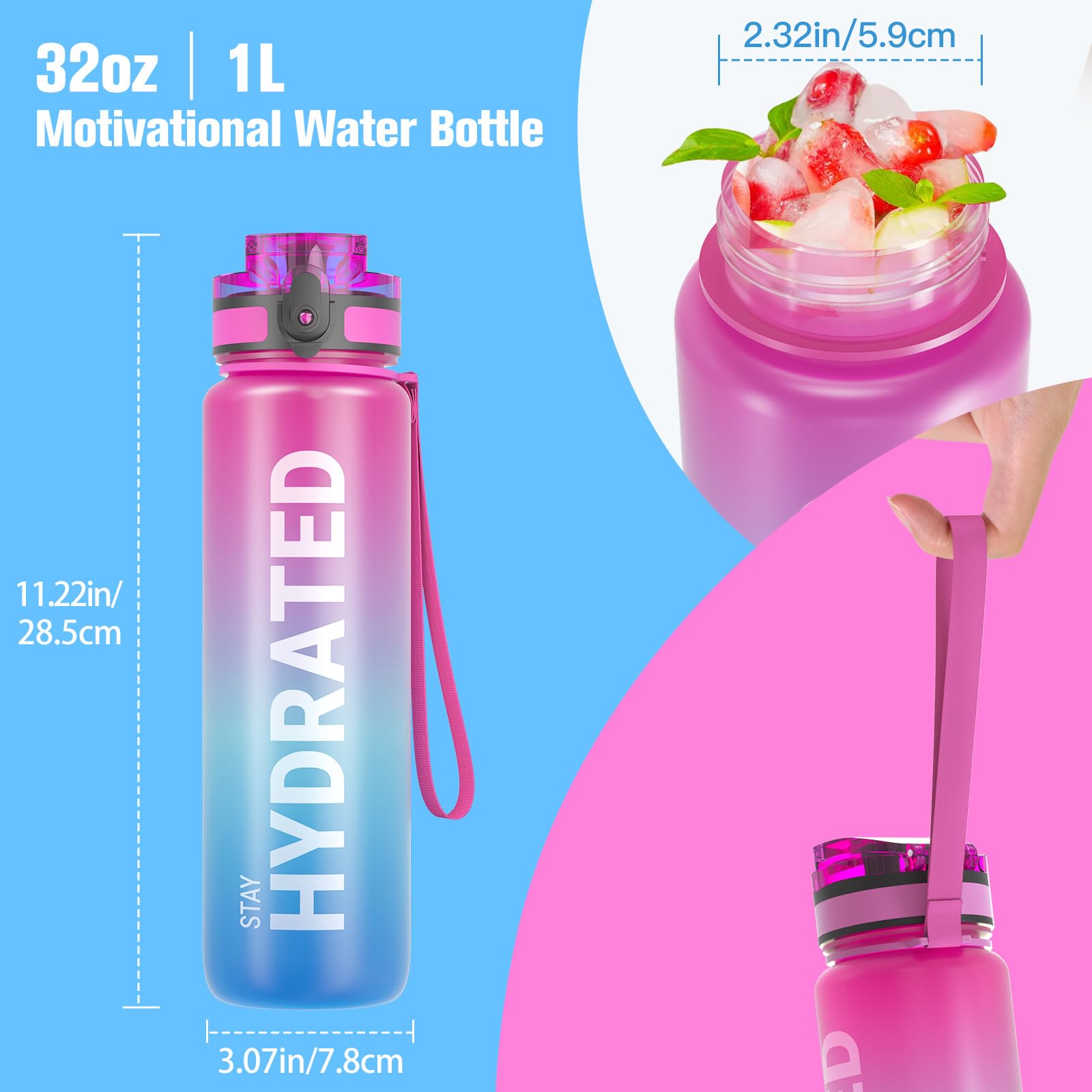 Sahara Sailor Water Bottle, 32/25/17oz Durable and Leakproof Water Bottles Motivational with Time Marker, Tritan, BPA Free, Wide Mouth with Easy Clean Brush for Gym, Travel, School, Office (1 Bottle) - My Store