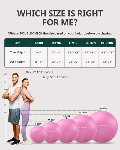 Trideer Extra Thick Yoga Ball Exercise Ball, 5 Sizes Gym Ball, Heavy Duty Ball Chair for Balance, Stability, Pregnancy, Quick Pump Included - My Store