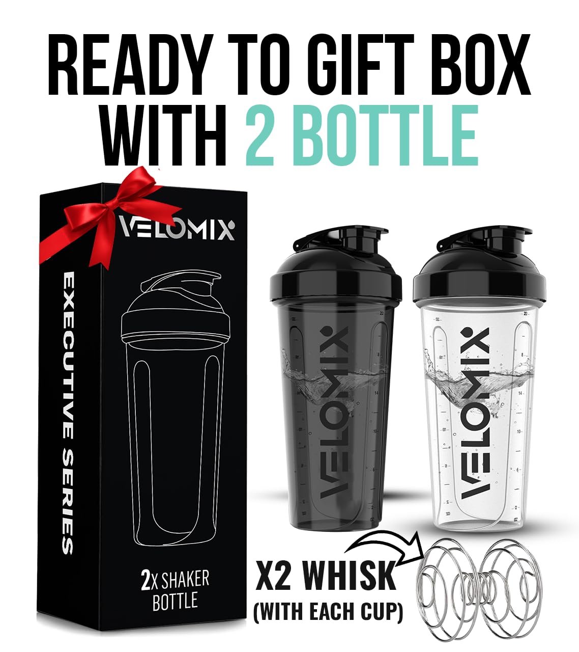 VELOMIX - 2 Pack- 28 oz Protein Shaker Bottles for Protein Mixes - 2x Wire Whisk | Leak Proof Shaker Cups for Protein Shakes | Protein Shaker Bottle Pack (Black/Transparent) - My Store