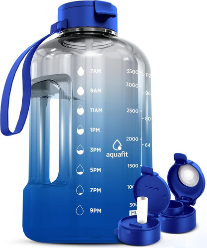 AQUAFIT 1 Gallon Water Bottle with Time Marker - Straw & Chug Lid - BPA Free Gym Water Bottle with Straw - Big Gallon Jug (Gray, 128 oz - 2 Lids) - My Store