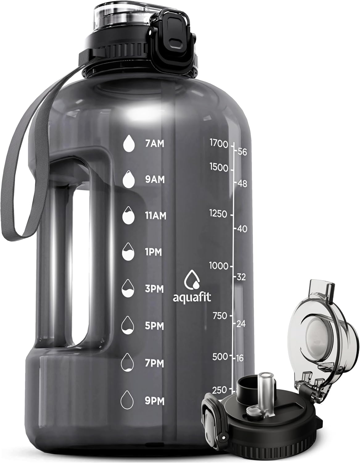 AQUAFIT 1 Gallon Water Bottle with Time Marker - Straw & Chug Lid - BPA Free Gym Water Bottle with Straw - Big Gallon Jug (Gray, 128 oz - 2 Lids) - My Store