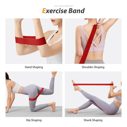 5 in1 Foam Roller Set, Trigger Point Foam Roller, Massage Roller Stick, Massage Ball, Resistance Band for Deep Muscle Massage Pilates Yoga,Fitness Exercise for Whole Body (Black-Red) - My Store