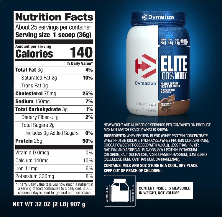 Dymatize Elite 100% Whey Protein Powder, Cookies & Cream, 25g of Protein, 5.5g BCAAs, Less Than 140 Cal., Gluten Free, 3g Carb, 2g Sugar, 3g Fat (25 Servings)