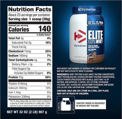 Dymatize Elite 100% Whey Protein Powder, Cookies & Cream, 25g of Protein, 5.5g BCAAs, Less Than 140 Cal., Gluten Free, 3g Carb, 2g Sugar, 3g Fat (25 Servings)