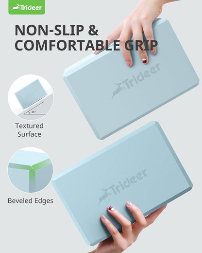 Trideer Yoga Blocks 2 Pack, Soft Non-Slip Foam Blocks with Beveled Edges for Alignment and Stretching in Yoga, Pilates, and Dance - Supportive, Lightweight, Odor Resistant, Latex-Free