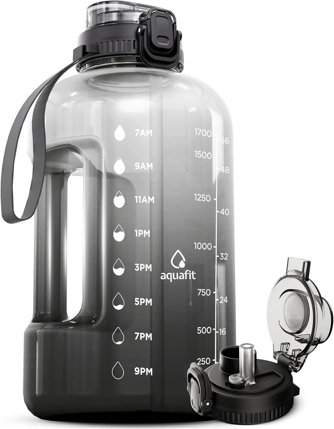 AQUAFIT 1 Gallon Water Bottle with Time Marker - Straw & Chug Lid - BPA Free Gym Water Bottle with Straw - Big Gallon Jug (Gray, 128 oz - 2 Lids) - My Store