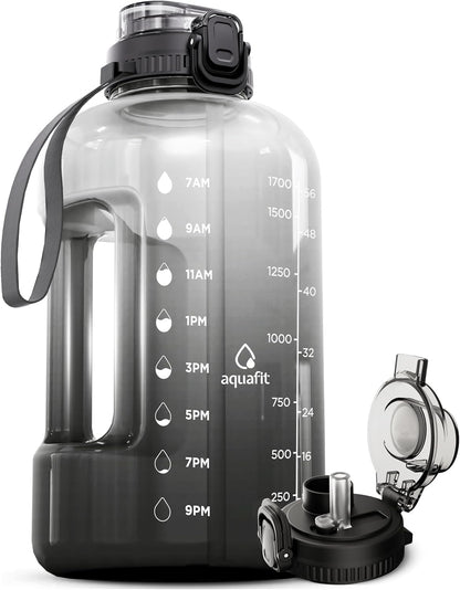 AQUAFIT 1 Gallon Water Bottle with Time Marker - Straw & Chug Lid - BPA Free Gym Water Bottle with Straw - Big Gallon Jug (Gray, 128 oz - 2 Lids) - My Store
