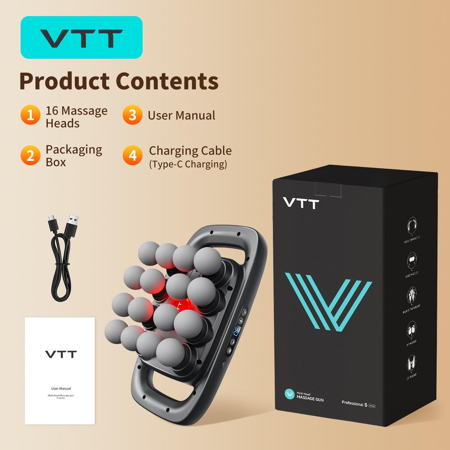 VTT 16-Head Massage Gun Set, Deep Tissue Percussion Massager with 3 Modes & 30 Intensities,Quiet Muscle Massage Gun for Back,Shoulders, Legs, Foot, Body Muscle Pain Relief - My Store