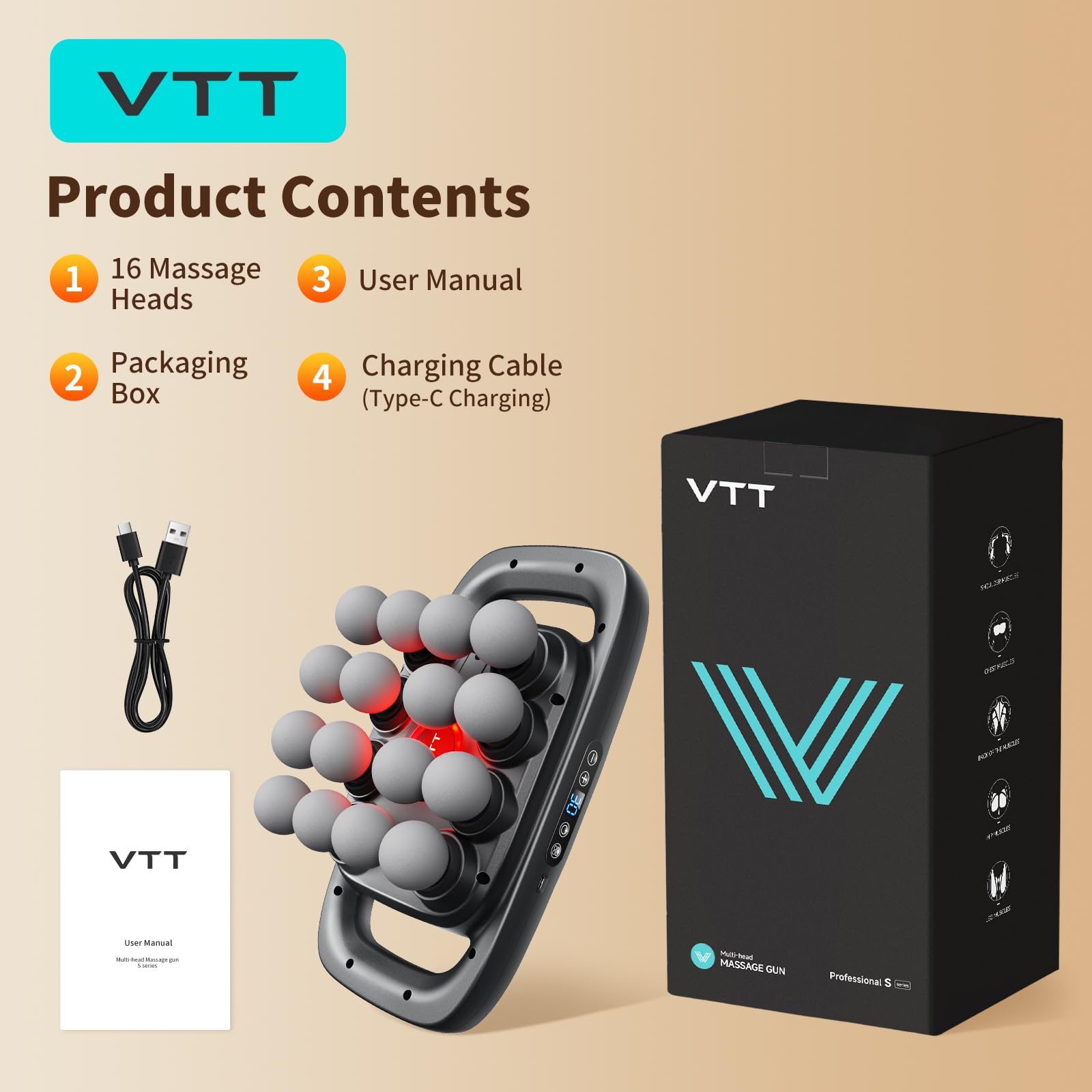 VTT 16-Head Massage Gun Set, Deep Tissue Percussion Massager with 3 Modes & 30 Intensities,Quiet Muscle Massage Gun for Back,Shoulders, Legs, Foot, Body Muscle Pain Relief - My Store