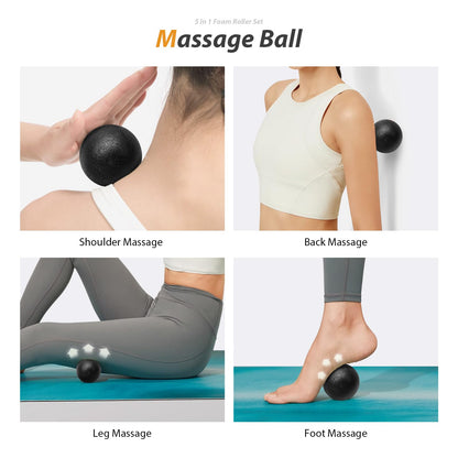 5 in1 Foam Roller Set, Trigger Point Foam Roller, Massage Roller Stick, Massage Ball, Resistance Band for Deep Muscle Massage Pilates Yoga,Fitness Exercise for Whole Body (Black-Red) - My Store
