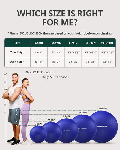 Trideer Extra Thick Yoga Ball Exercise Ball, 5 Sizes Gym Ball, Heavy Duty Ball Chair for Balance, Stability, Pregnancy, Quick Pump Included - My Store