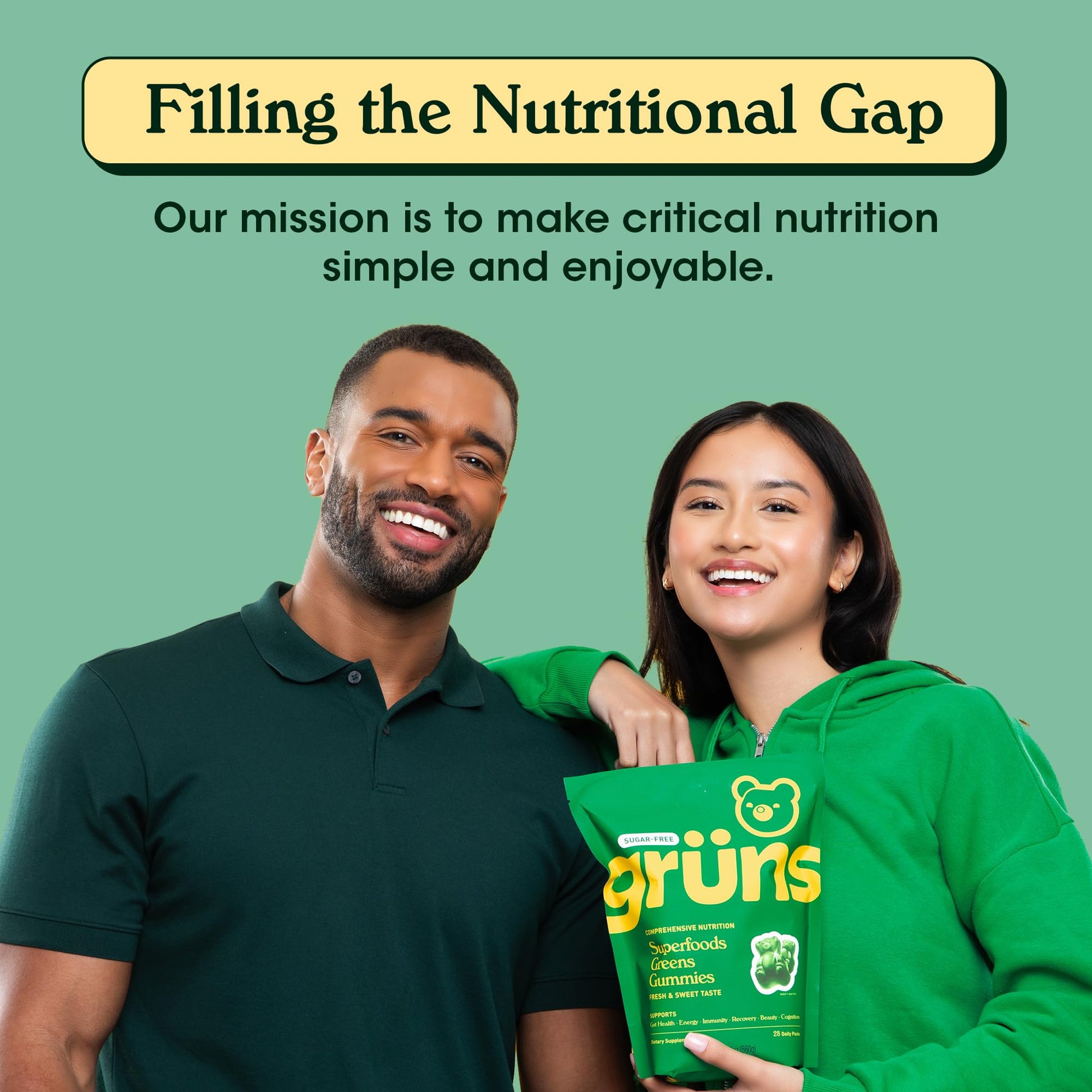 Gruns Adults Super Greens Gummies, Multivitamin Superfood Gummy Bears with Spirulina, Chlorella, Prebiotics & Fiber for Digestive Health, Adaptogens Supplement with 20 Vitamins & Minerals, 28 Count - My Store