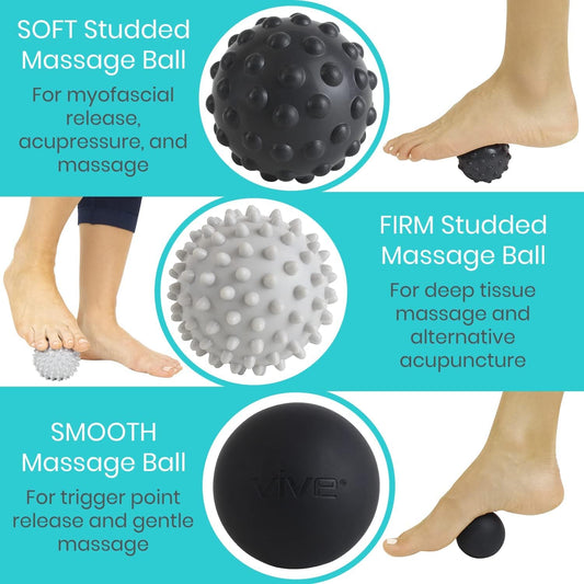 Vive Massage Ball Set (4 Piece) - Plantar Fasciitis Relief Foot Pain Hot Cold Therapy - Heel Spur, Sore Muscle, Trigger Point, Back, Arm, Neck, Shoulder, Leg Circulation Roller - My Store