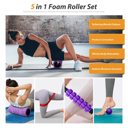 5 in1 Foam Roller Set, Trigger Point Foam Roller, Massage Roller Stick, Massage Ball, Resistance Band for Deep Muscle Massage Pilates Yoga,Fitness Exercise for Whole Body (Black-Red) - My Store