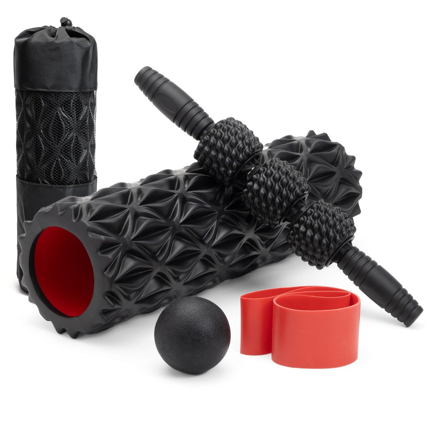 5 in1 Foam Roller Set, Trigger Point Foam Roller, Massage Roller Stick, Massage Ball, Resistance Band for Deep Muscle Massage Pilates Yoga,Fitness Exercise for Whole Body (Black-Red) - My Store