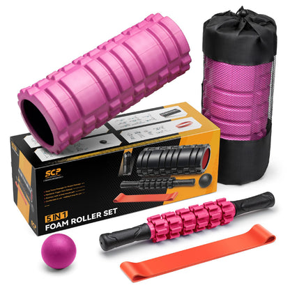 5 in1 Foam Roller Set, Trigger Point Foam Roller, Massage Roller Stick, Massage Ball, Resistance Band for Deep Muscle Massage Pilates Yoga,Fitness Exercise for Whole Body (Black-Red) - My Store