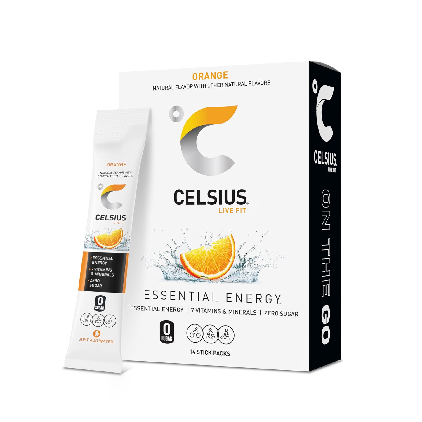 CELSIUS On-the-Go Powder Stick Zero Sugar (14 Sticks per Pack), Orange, 2.60 Oz