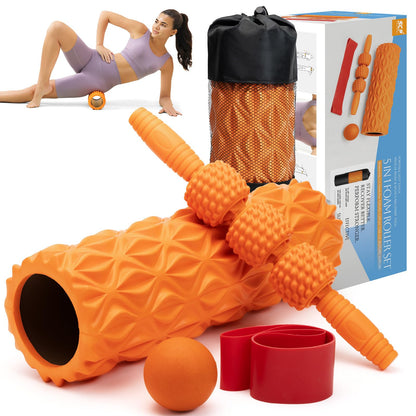 5 in1 Foam Roller Set, Trigger Point Foam Roller, Massage Roller Stick, Massage Ball, Resistance Band for Deep Muscle Massage Pilates Yoga,Fitness Exercise for Whole Body (Black-Red) - My Store