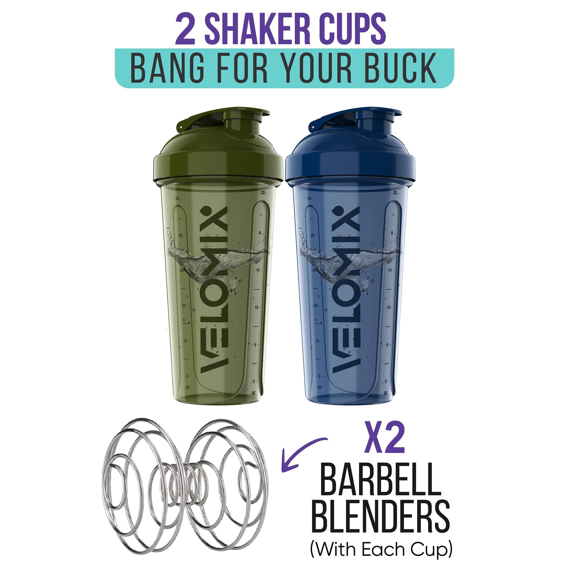 VELOMIX - 2 Pack- 28 oz Protein Shaker Bottles for Protein Mixes - 2x Wire Whisk | Leak Proof Shaker Cups for Protein Shakes | Protein Shaker Bottle Pack (Black/Transparent) - My Store