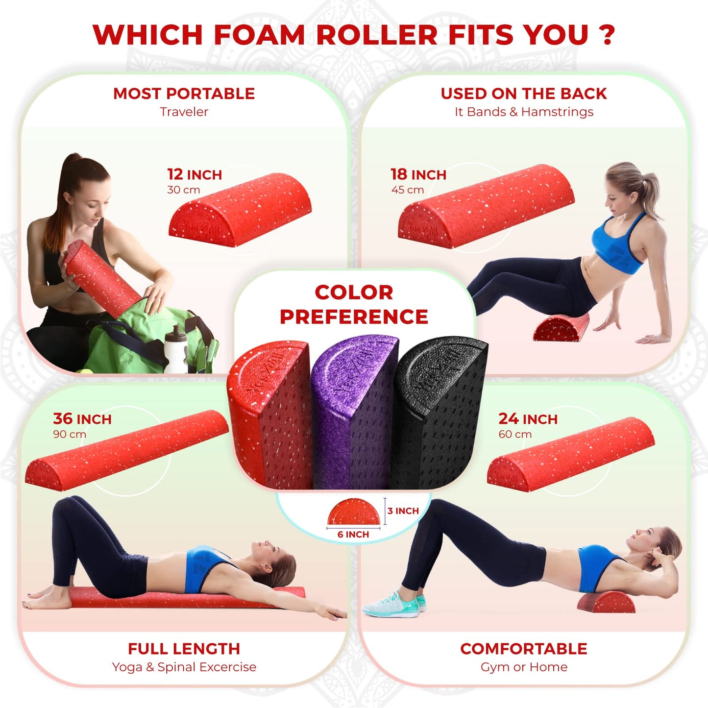 Yes4All High-Density EPP Half Round Back Roller Foam, Exercise Foam Roller for Yoga, Pilates & Stretching - 12, 18, 24, 36 inch - My Store