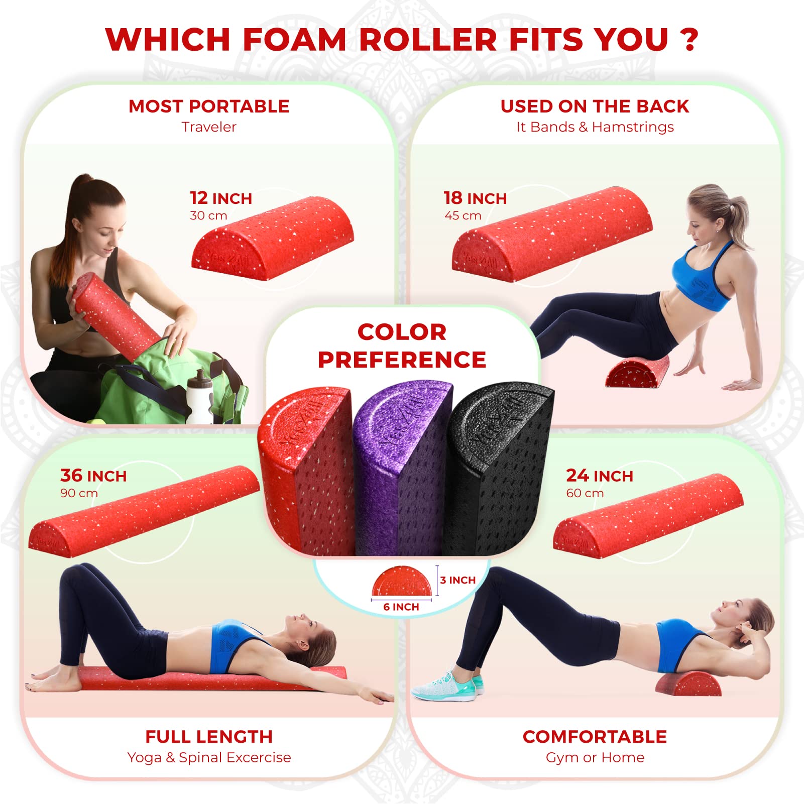 Yes4All High-Density EPP Half Round Back Roller Foam, Exercise Foam Roller for Yoga, Pilates & Stretching - 12, 18, 24, 36 inch - My Store