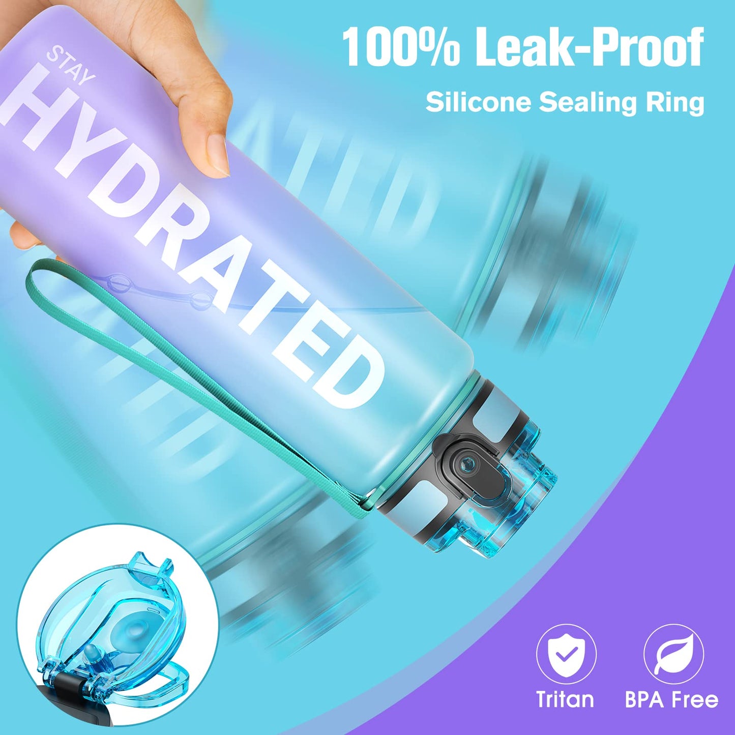 Sahara Sailor Water Bottle, 32/25/17oz Durable and Leakproof Water Bottles Motivational with Time Marker, Tritan, BPA Free, Wide Mouth with Easy Clean Brush for Gym, Travel, School, Office (1 Bottle) - My Store