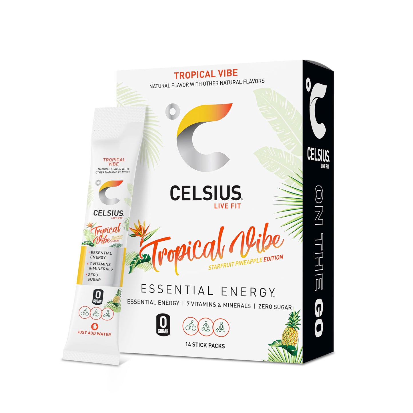 CELSIUS On-the-Go Powder Stick Zero Sugar (14 Sticks per Pack), Orange, 2.60 Oz
