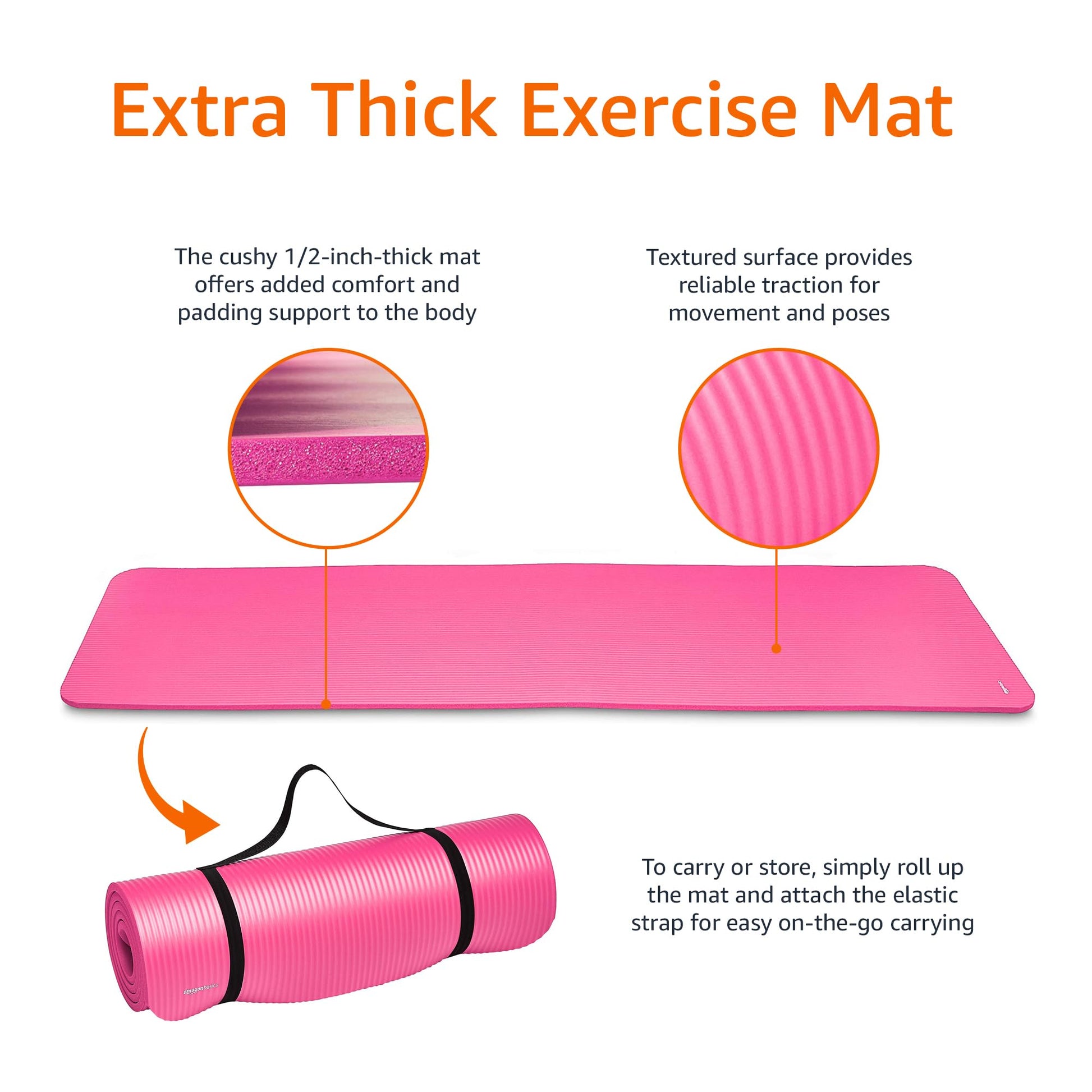 Amazon Basics 1/2 Inch Extra Thick Exercise Yoga Mat with Carrying Strap, Cushioned Support, for Fitness and Gym Workouts - My Store
