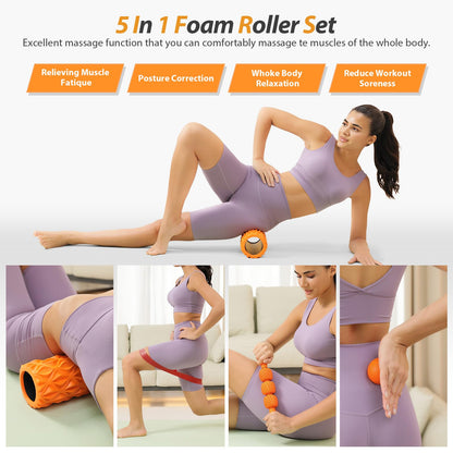 5 in1 Foam Roller Set, Trigger Point Foam Roller, Massage Roller Stick, Massage Ball, Resistance Band for Deep Muscle Massage Pilates Yoga,Fitness Exercise for Whole Body (Black-Red) - My Store