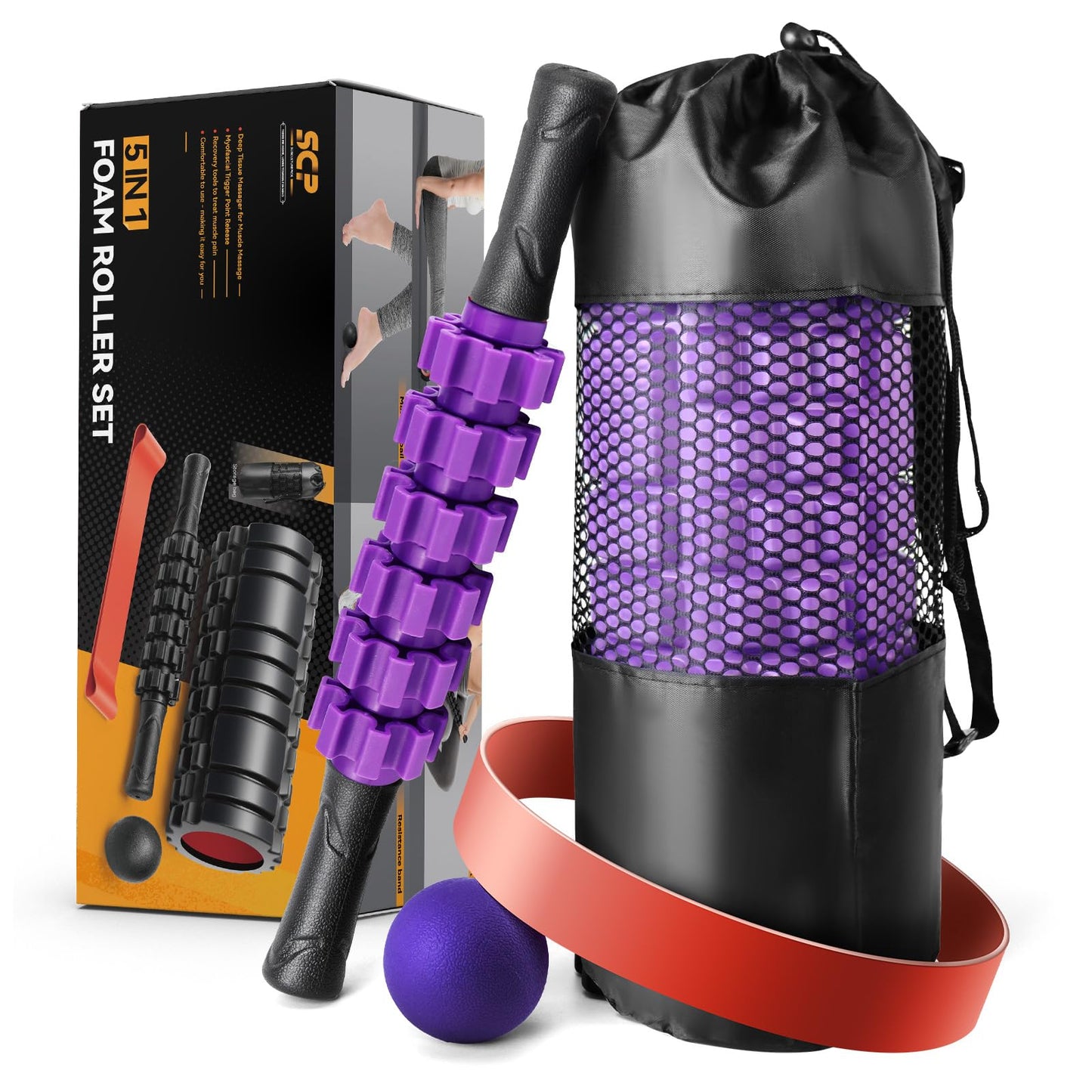 5 in1 Foam Roller Set, Trigger Point Foam Roller, Massage Roller Stick, Massage Ball, Resistance Band for Deep Muscle Massage Pilates Yoga,Fitness Exercise for Whole Body (Black-Red) - My Store