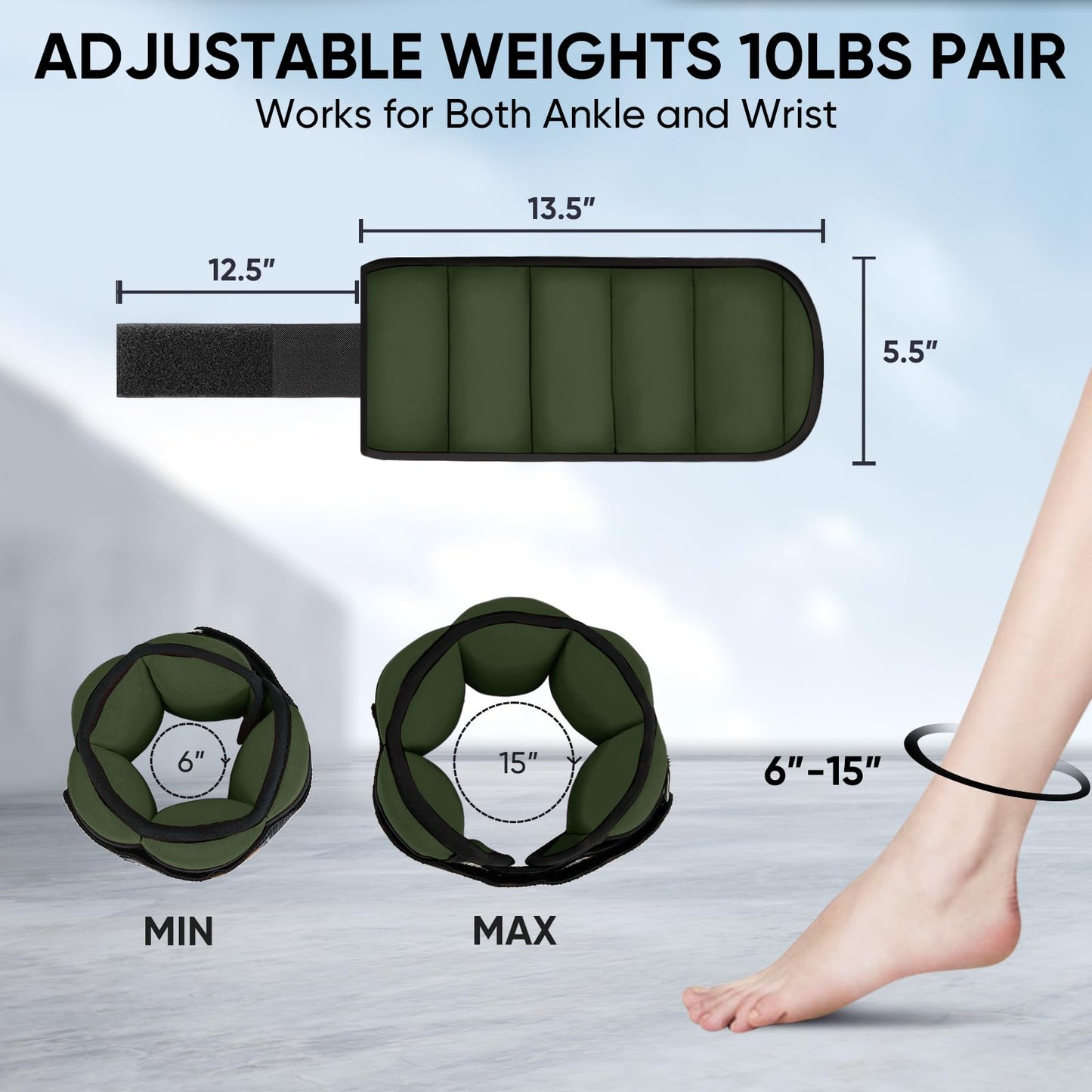 APEXUP 10lbs/Pair Adjustable Ankle Weights for Women and Men, Modularized Leg Weight Straps for Yoga, Walking, Running, Aerobics, Gym