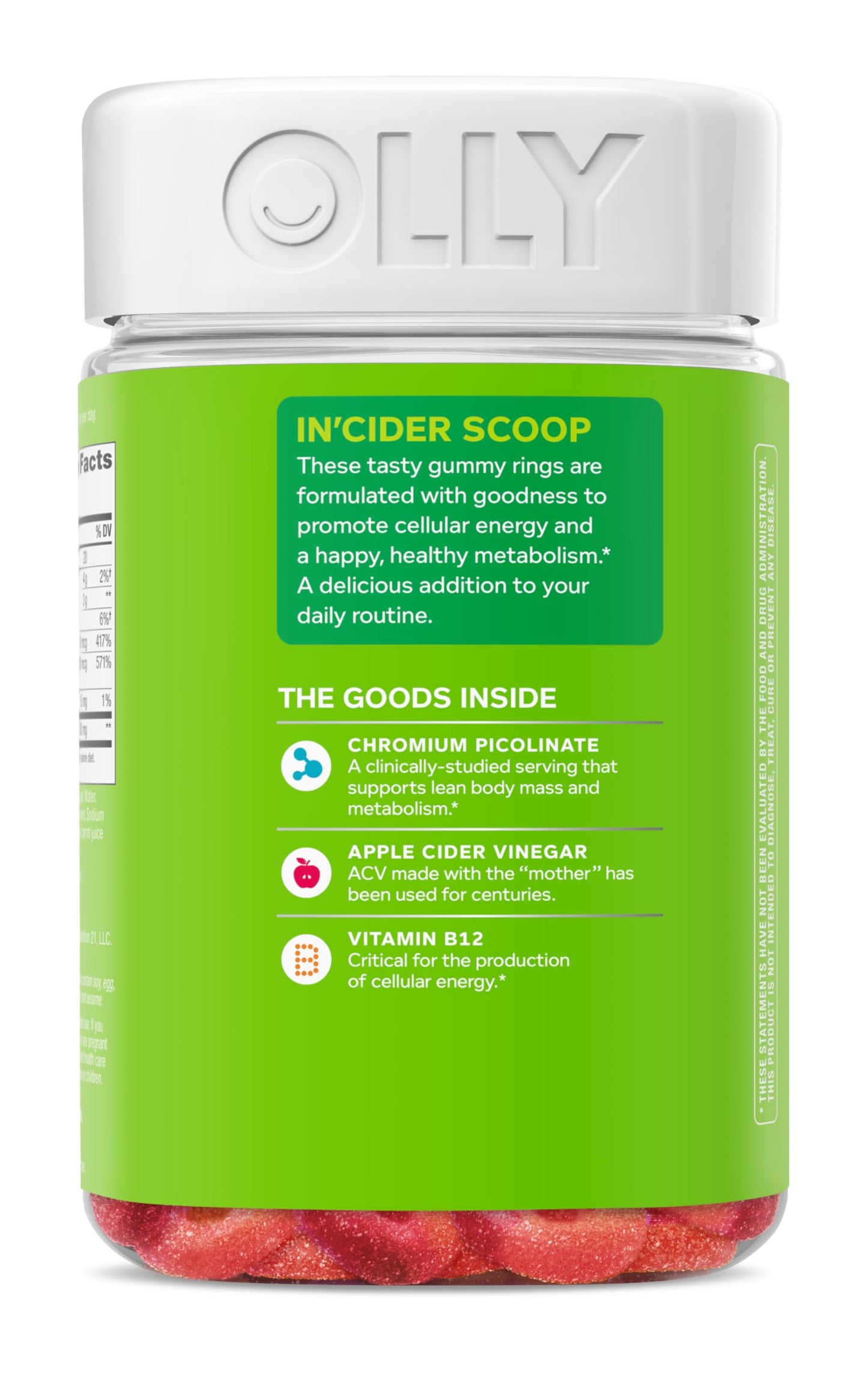 OLLY Metabolism Gummy Rings, Apple Cider Vinegar, Vitamin B12, Chromium, Energy and Digestive Health, Chewable Supplement, Apple Flavor - 30 Count