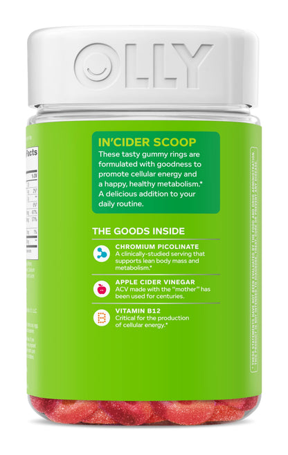 OLLY Metabolism Gummy Rings, Apple Cider Vinegar, Vitamin B12, Chromium, Energy and Digestive Health, Chewable Supplement, Apple Flavor - 30 Count