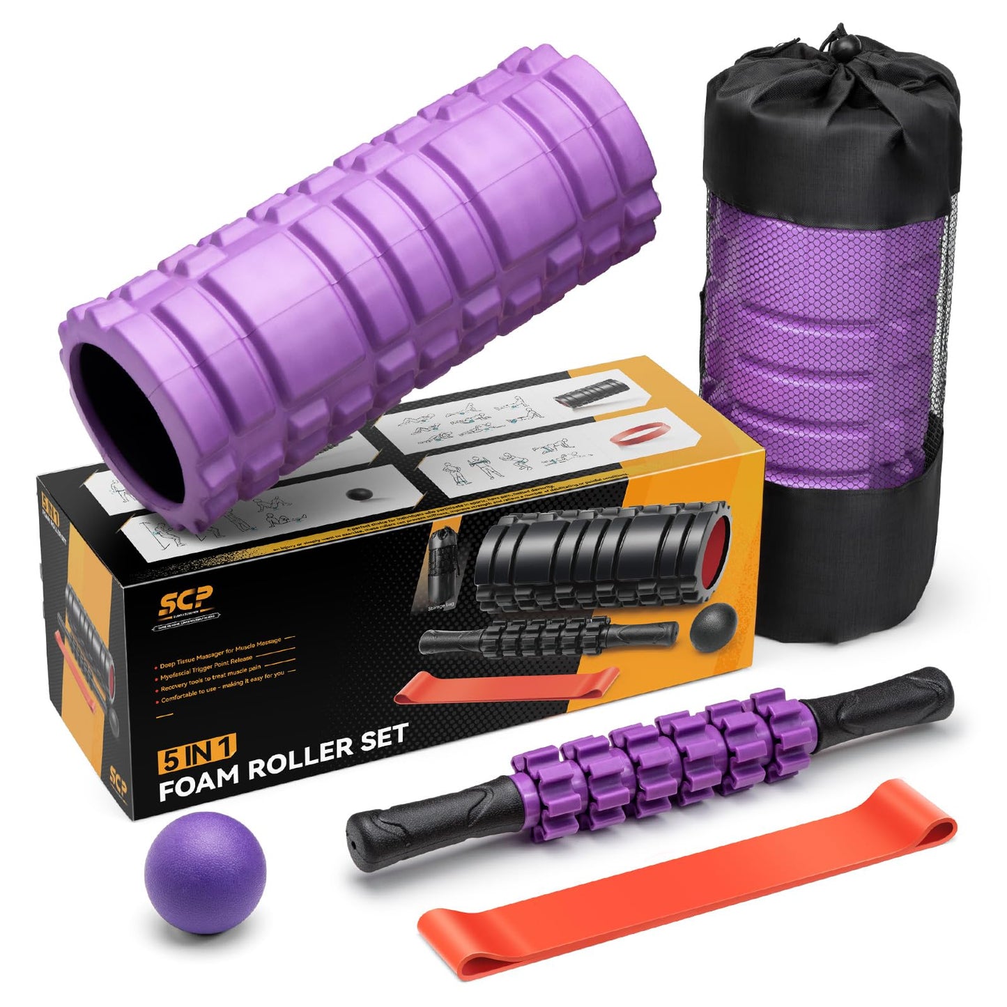 5 in1 Foam Roller Set, Trigger Point Foam Roller, Massage Roller Stick, Massage Ball, Resistance Band for Deep Muscle Massage Pilates Yoga,Fitness Exercise for Whole Body (Black-Red) - My Store