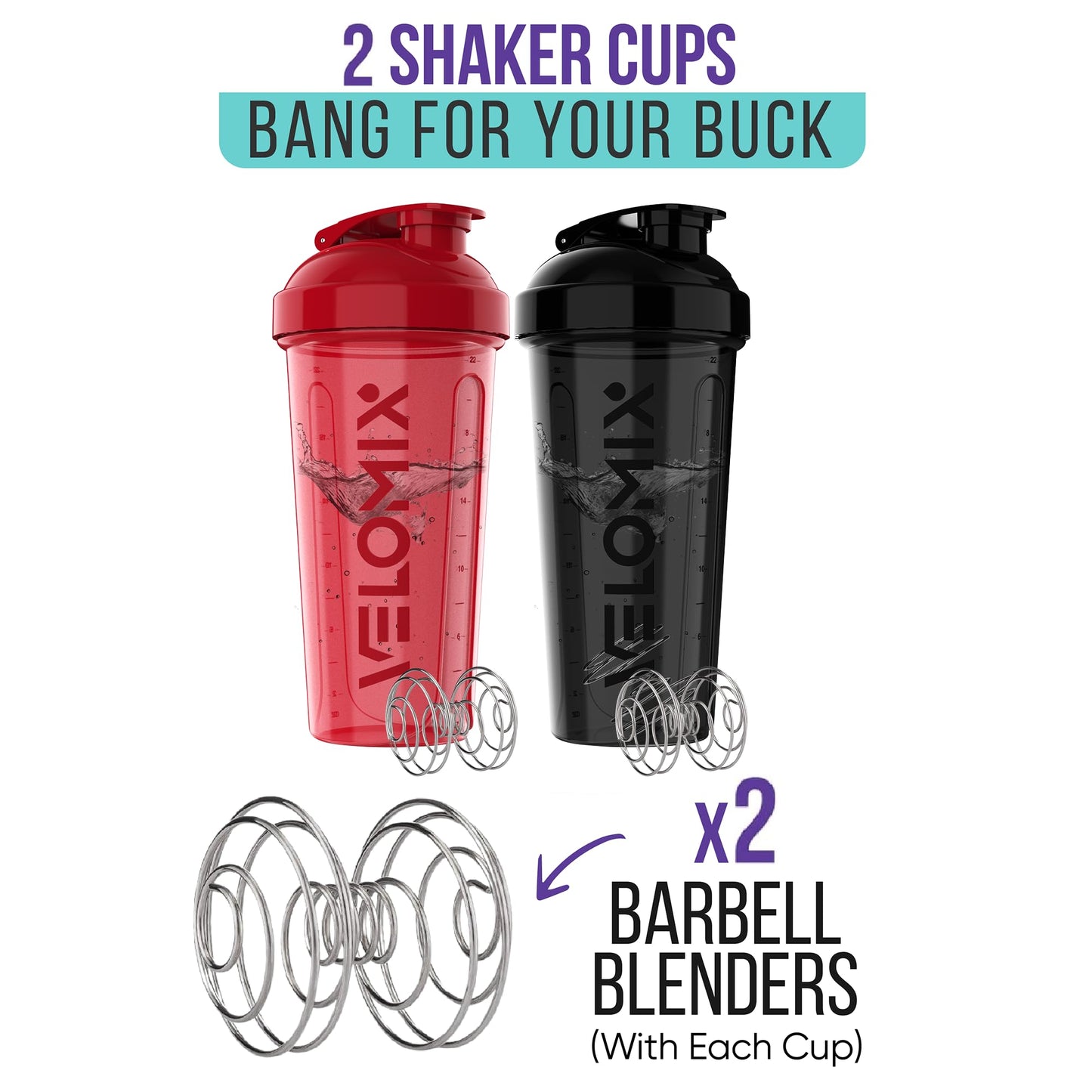 VELOMIX - 2 Pack- 28 oz Protein Shaker Bottles for Protein Mixes - 2x Wire Whisk | Leak Proof Shaker Cups for Protein Shakes | Protein Shaker Bottle Pack (Black/Transparent) - My Store