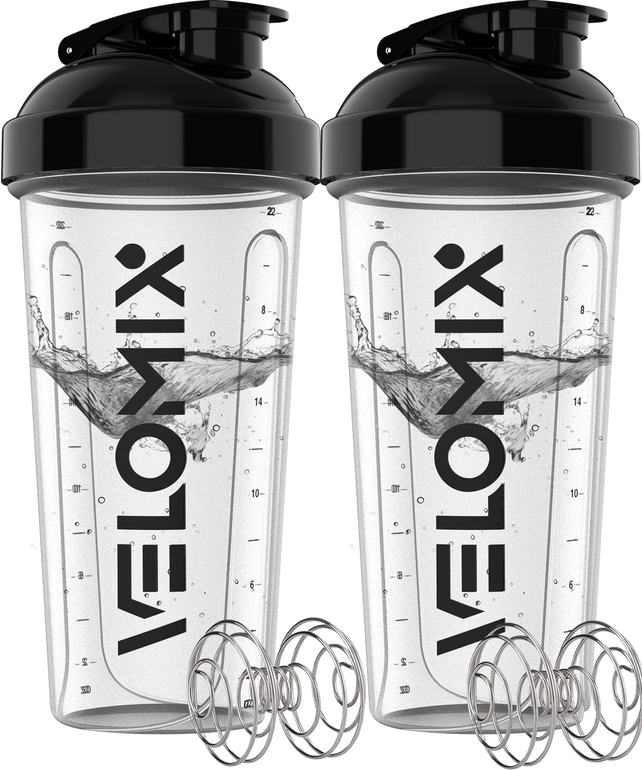 VELOMIX - 2 Pack- 28 oz Protein Shaker Bottles for Protein Mixes - 2x Wire Whisk | Leak Proof Shaker Cups for Protein Shakes | Protein Shaker Bottle Pack (Black/Transparent) - My Store