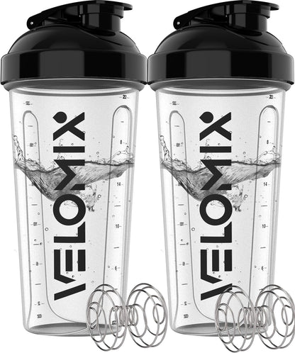 VELOMIX - 2 Pack- 28 oz Protein Shaker Bottles for Protein Mixes - 2x Wire Whisk | Leak Proof Shaker Cups for Protein Shakes | Protein Shaker Bottle Pack (Black/Transparent) - My Store