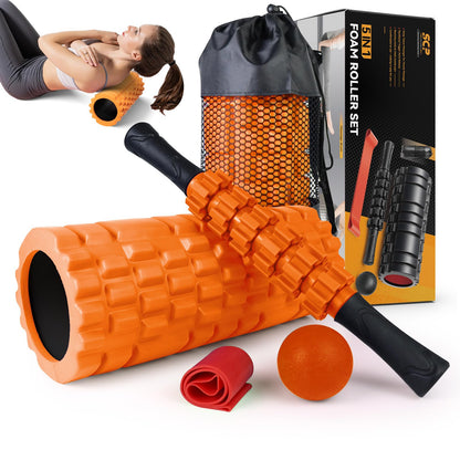 5 in1 Foam Roller Set, Trigger Point Foam Roller, Massage Roller Stick, Massage Ball, Resistance Band for Deep Muscle Massage Pilates Yoga,Fitness Exercise for Whole Body (Black-Red) - My Store