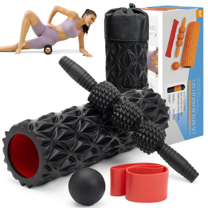 5 in1 Foam Roller Set, Trigger Point Foam Roller, Massage Roller Stick, Massage Ball, Resistance Band for Deep Muscle Massage Pilates Yoga,Fitness Exercise for Whole Body (Black-Red) - My Store