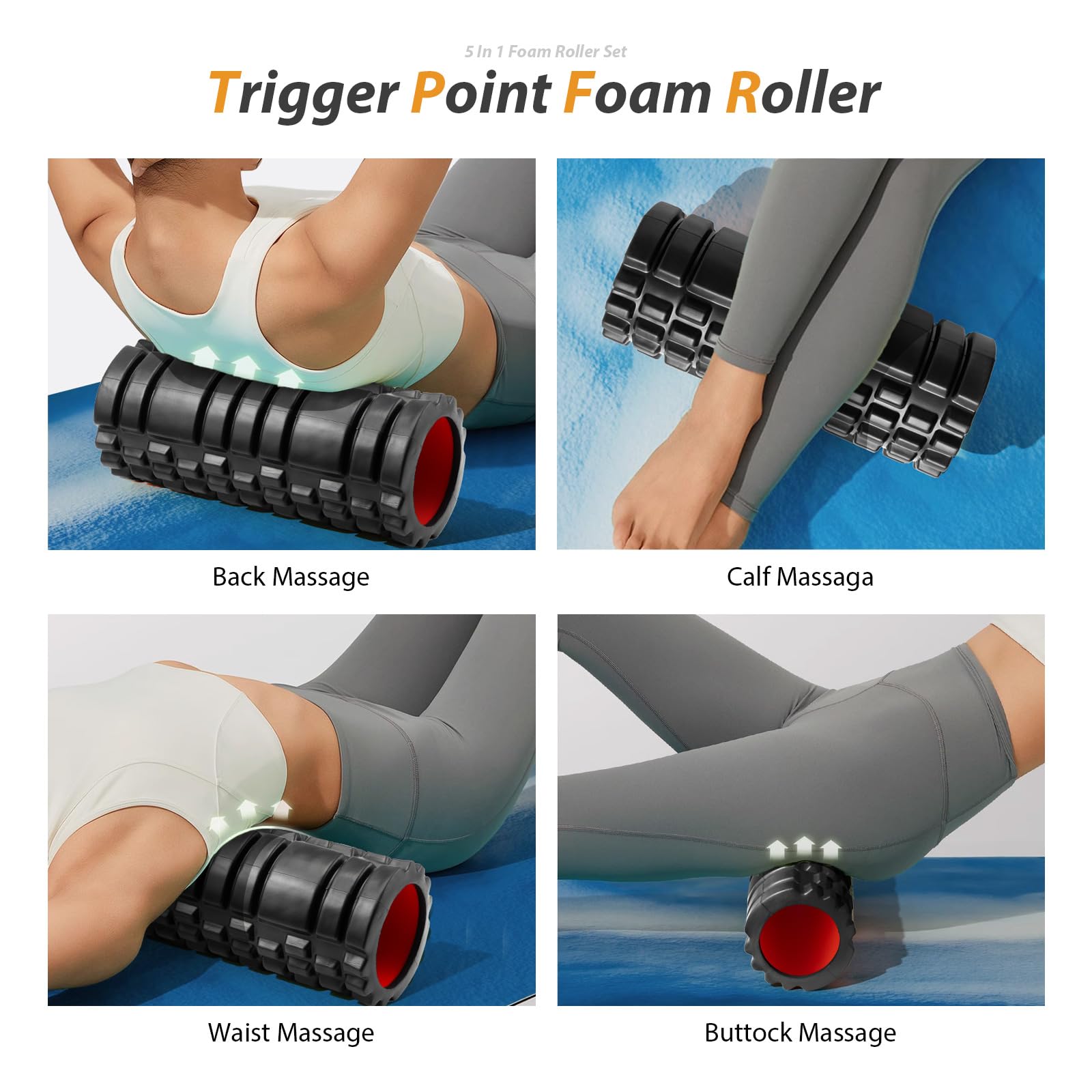 5 in1 Foam Roller Set, Trigger Point Foam Roller, Massage Roller Stick, Massage Ball, Resistance Band for Deep Muscle Massage Pilates Yoga,Fitness Exercise for Whole Body (Black-Red) - My Store
